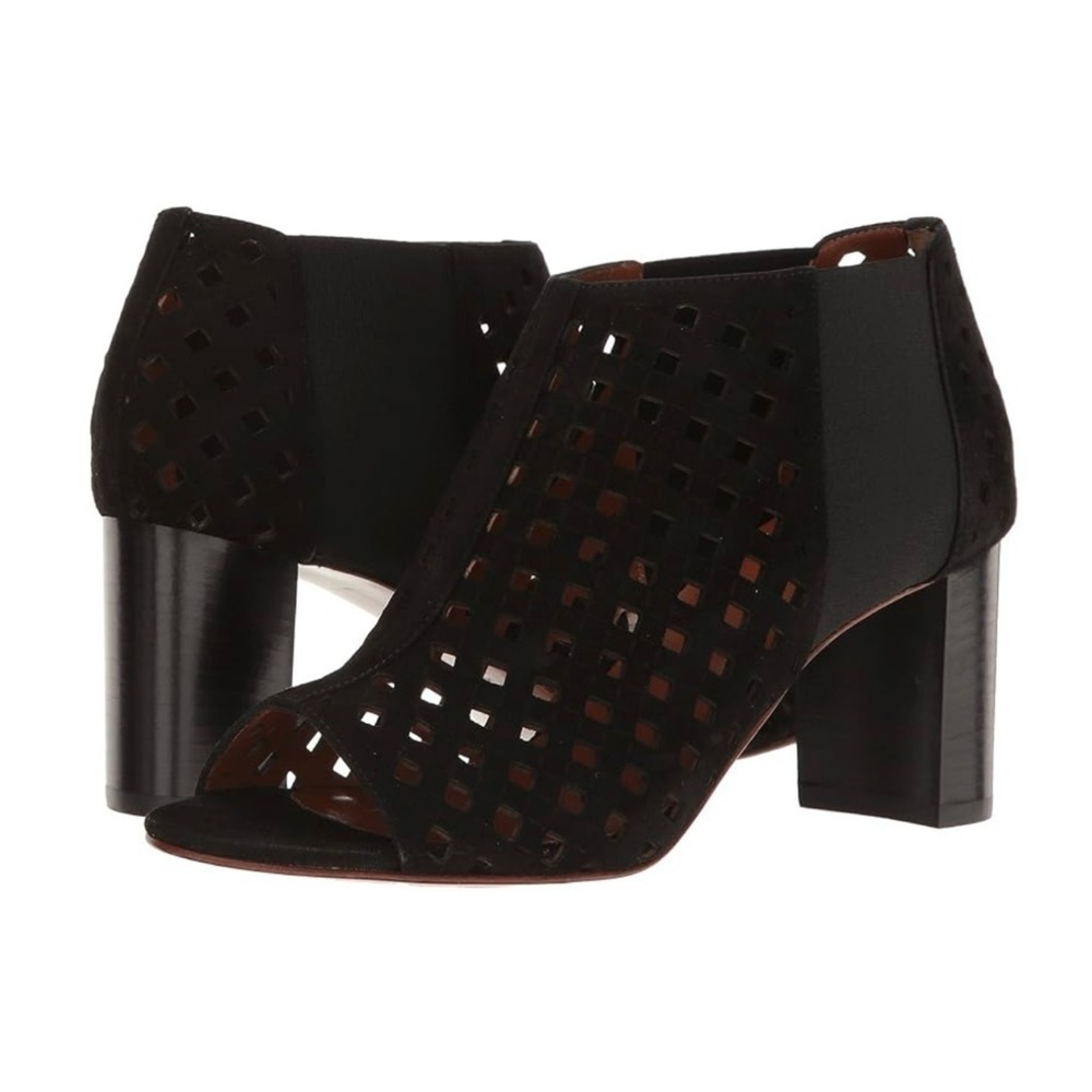 Aquatalia Shari Perforated Open Toe Suede Boots Size 10 Black Block Heel